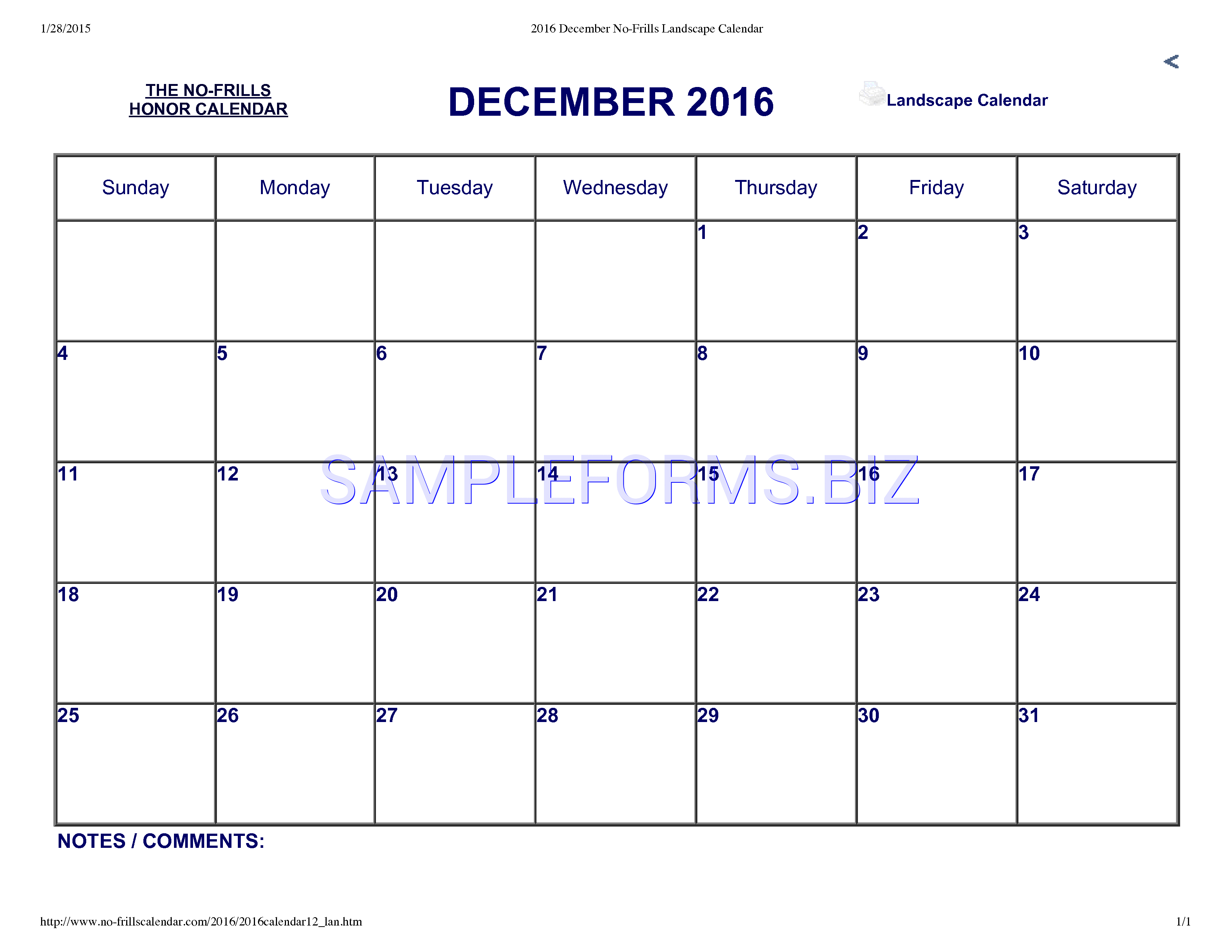 Preview free downloadable December 2016 Calendar 1 in PDF (page 1)
